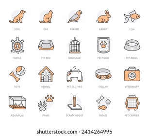 Pet shop flat line icons set. Dog carrier, cat scratcher, bird cage, rabbit, fish aquarium, pets paw, collar vector illustrations. Thin signs for veterinary. Orange Color. Editable Stroke