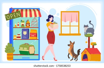 Pet shop flat vector illustration. Cartoon woman pet owner character shopping and buying food, care product vet accessories and toy for dog or cat animal in petshop retail store isolated on white