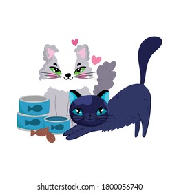 pet shop, fluffy kittens with fish can and cookies animal domestic cartoon vector illustration