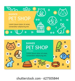 Pet Shop Flyer Banner Placard Horizontal Set Witch Outline Icons Accessories And Equipment For Dog And Cat. Vector Illustration