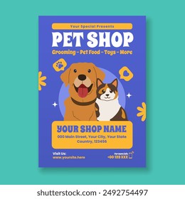 Pet shop flyer template, Pet care, Pet sitting with dog and cat illustration