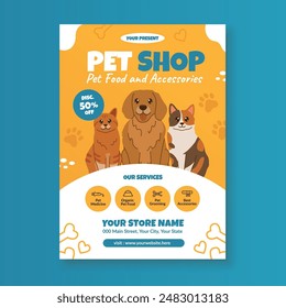 Plantilla de volante de tienda de mascotas con ilustración de gato y perro