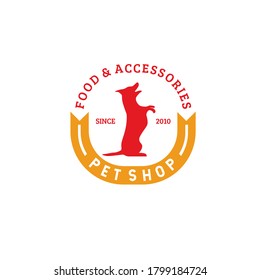 Pet shop food and accessories logo vector with standing dog silhouette and yellow ribbon isolated on white background 