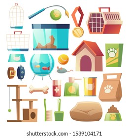 Pet shop food and accessories set isolated on white background. home animals store goods. Toys, grooming tools, carrying box, fish aquarium, medicine. Petshop supermarket. Cartoon vector illustration