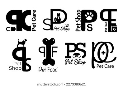 Pet shop food care veterinary service logo design template monochrome silhouette set vector flat illustration. Cat dog domestic animal vet help black emblem grooming training adopt hospital shelter