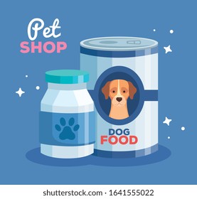 pet shop with food dog can and bottle plastic vector illustration design