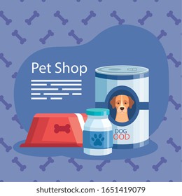 pet shop with food dog can and icons vector illustration design