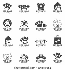 Pet shop food and toys signs set. Logo design templates for pets store. Monochrome. Isolated. Vector.