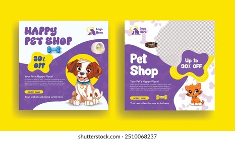 Tienda de mascotas, comida para mascotas, Plantilla de póster o flyer cuadrado de medios sociales de veterinaria, juego de Anuncios de Sitio web para la ilustración promocional de publicidad de cuidado de mascotas para perros y gatos