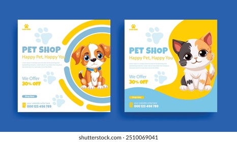 Tienda de mascotas, comida para mascotas, médico veterinario publicación en redes sociales o folleto cuadrado o conjunto de pósters, tienda de mascotas paquete de Anuncio de Sitio web para 
Paquete promocional de la Plantilla publicitaria del cuidado del animal doméstico