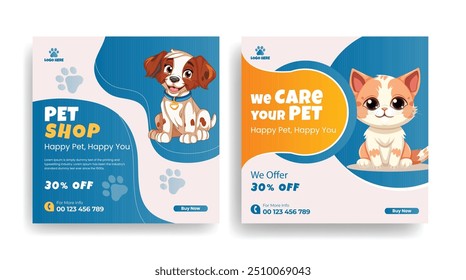 Tienda de mascotas, comida para mascotas, médico veterinario publicación en redes sociales o folleto cuadrado o conjunto de pósters, tienda de mascotas paquete de Anuncio de Sitio web para 
Paquete promocional de la Plantilla publicitaria del cuidado del animal doméstico