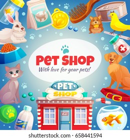 Pet shop frame with logo, animals, food and goods care, store building on blue background vector illustration