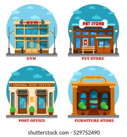 Pet Shop And Furniture Store, Post Office And Gym Or Gymnasium. Architecture Of Letter Delivery Building And Animal Care Construction, Furniture And Sport Club Building. Exterior Structure View