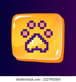 Pet shop glossy ui button with pixelated color icon. Goods for animals. Online store. Editable 8bit graphic element on shiny glass rectangle shape. Isolated image for arcade, video game design