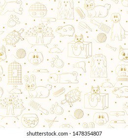 Pet shop golden seamless pattern. Line vector gold background for vet store or dog grooming. Template for veterinary clinic concept design.