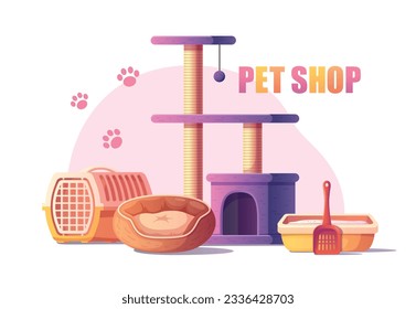 Tiendas de mascotas con árbol de gato bandeja de basura portador de dibujos animados vectores