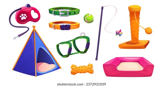 Pet shop goods isolated on white background. Vector cartoon illustration of color toys accessories for cats and dogs, walking leashes, wigwam house with bed, claw scratcher, ball for playing, training