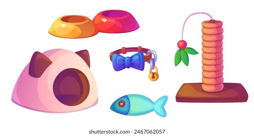 Tienda de mascotas conjunto aislado sobre fondo blanco. Ilustración de dibujos animados de Vector de tazones de agua de comida para gatos, casa de cama suave, pez de juguete, collar decorado con arco, accesorios para el cuidado de animales, Elementos de la clínica veterinaria