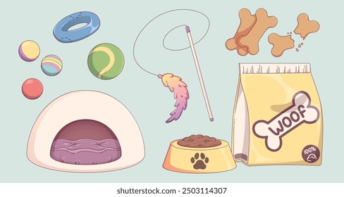 Pet shop goods set isolated on background. Contemporary vector cartoon illustration of rubber balls, feather toy for cat, soft fabric bed for home animal, dog food package, crunchy crackers in bowl