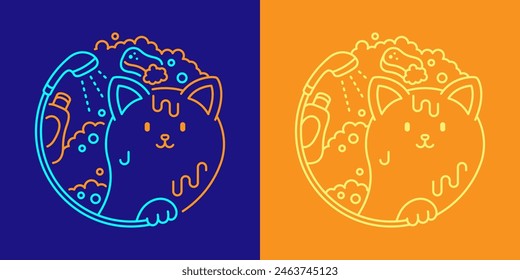 Pet shop Grooming Logo Cat Shampoo Schwamm und Blase in Kreis-Rahmen-Form durch Duschsymbol editierbare Strich-Strich-Linie Doodle Design Minimale Illustration isoliert 2 Töne dunkelblau Hintergrund