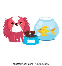pet shop, haired little dog fish and bones food animal domestic cartoon vector illustration