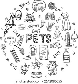 Pet shop hand drawn set illustration with pets and care supplies. Vector illustration