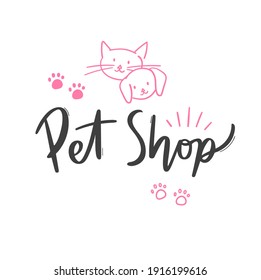 Pet Shop Hand Lettering con dibujos de gato y perro.