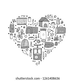 Pet shop heart concept. Set of vector domestics animal care symbols in doodle style. 
