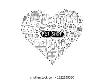 Pet shop heart sketch concept. Set of vector domestics animal care symbols in doodle style isolated on white background. 