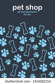 Pet shop. Home animals. Banner with cat or dog paws. Hand draw doodle background