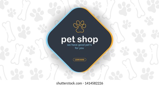 Pet shop. Home animals. Banner with cat or dog paws. Hand draw doodle background