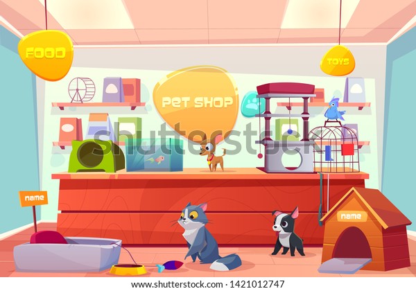 Pet shop with home animals, store interior\
with cat, dog, puppy, bird, fish in aquarium. Counter desk,\
accessories, food, toys, medicine on shelves. Petshop supermarket.\
Cartoon vector\
illustration