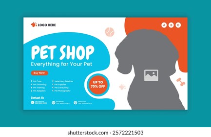 
Pet shop horizontal banner design and pet food and accessories  sale flat banner design template