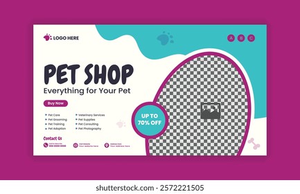 
Pet shop horizontal banner design and pet food and accessories  sale flat banner design template