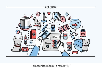 Pet shop horizontal banner featuring animals and meds selling. Horizontal colorful line art vector illustration.