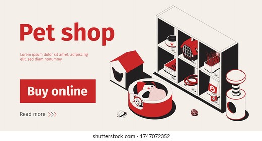 Pet shop horizontal banner with isometric goods on sale with buy online button and editable text vector illustration