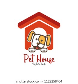 Pet shop, pet house, pet care emblem logo design template. Veterinary clinics and animal shelters homeless vector illustration with dog figure