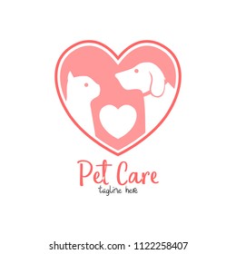Pet shop, pet house, pet care emblem logo design template. Veterinary clinics and animal shelters homeless vector illustration with cat and dog