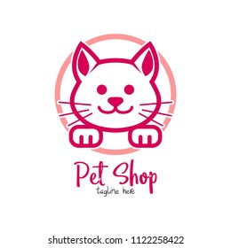 Pet shop, pet house, pet care emblem logo design template. Veterinary clinics and animal shelters homeless vector illustration with cat figure