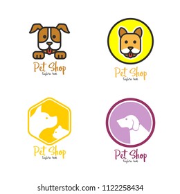 Pet shop, pet house, pet care emblem logo design template. Veterinary clinics and animal shelters homeless vector illustration with cat and dog