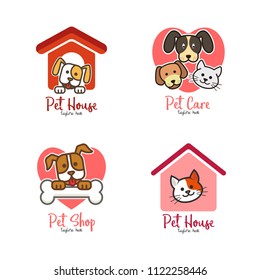 Pet shop, pet house, pet care emblem logo design template. Veterinary clinics and animal shelters homeless vector illustration with cat and dog