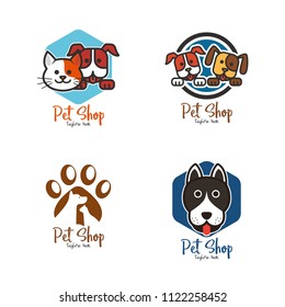 Pet shop, pet house, pet care emblem logo design template. Veterinary clinics and animal shelters homeless vector illustration with cat and dog