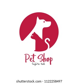 Pet shop, pet house, pet care emblem logo design template. Veterinary clinics and animal shelters homeless vector illustration with cat and dog