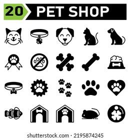 pet shop icon set include cat, pet, animal, emoticon, face, collar, dog, tag, track, pets, medal, award, paw, contest, warning, attention, alert, bone, food, chew, toys, nutrition, meal, achievement