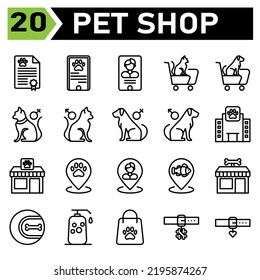 Pet Shop Icon Set Include Certificate, Animal, Pet, Shop, Passport, Phone, Pet Shop, Cat, Dog, Doctor, Veterinary, Trolly, Gender, Female, Male, Hospital, Building, Paw, Food, Pin, Map, Fish, Bone