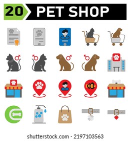 Pet Shop Icon Set Include Certificate, Animal, Pet, Shop, Passport, Phone, Pet Shop, Cat, Dog, Doctor, Veterinary, Trolly, Gender, Female, Male, Hospital, Building, Paw, Food, Pin, Map, Fish, Bone