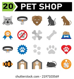 pet shop icon set include cat, pet, animal, emoticon, face, collar, dog, tag, track, pets, medal, award, paw, contest, warning, attention, alert, bone, food, chew, toys, nutrition, meal, achievement