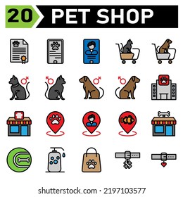 Pet Shop Icon Set Include Certificate, Animal, Pet, Shop, Passport, Phone, Pet Shop, Cat, Dog, Doctor, Veterinary, Trolly, Gender, Female, Male, Hospital, Building, Paw, Food, Pin, Map, Fish, Bone