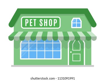 Pet shop icon, symbol, store. The facade of the building with awning in flat style. Sign of the house is green color. Stylish cartoon image. Vector illustration isolated on white background.