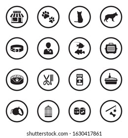 Pet Shop Icons. Black Flat Design In Circle. Vector Illustration.